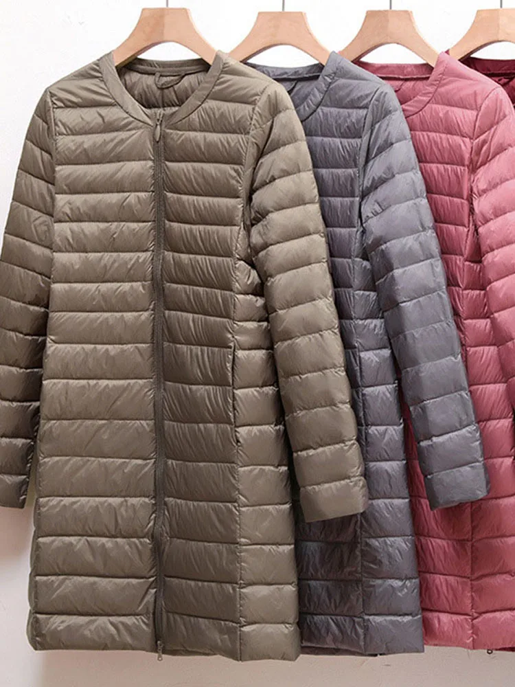 0-10 ℃   Chaquetas de pato hinchadas para mujer, abrigo ultraligero portátil con cuello redondo y relleno de plumas, Parkas sin cuello para otoño e