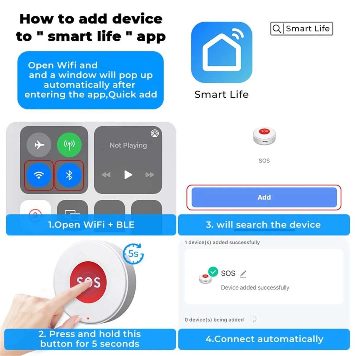 AT42 Mini Tuya WIFI Elderly SOS Button Waterproof Emergency Panic Sensor Alert Push to Mobile Home Automation Security System