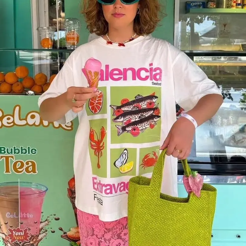 Sweet Girl CHIC Trendy Valencia Seafood Graphic T-Shirt Women Retro Spanish Seafood Print Summer Casual Oversized Tee