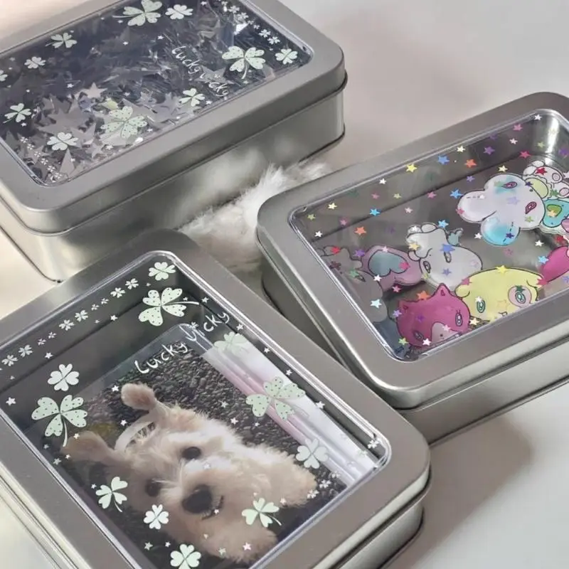 Colorful Star Earring Storage Tin Box Four Leaf Clover Design Simple Desktop Organizer Small Card Badge Storage Box