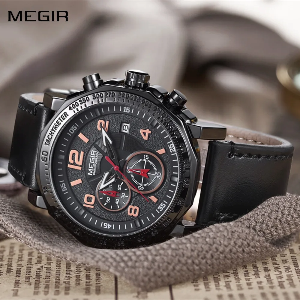 

MEGIR мужские спортивные часы с большим циферблатом, кварцевые наручные часы, водостойкий светящийся кожаный ремешок, мужские часы с хронографом Montre Homme 2048