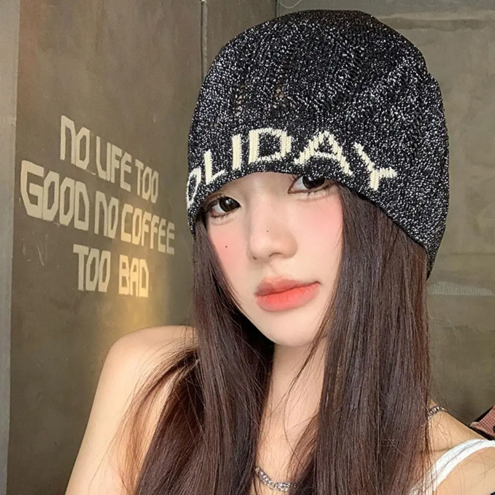 

Casual Vintage Sequin Knitted Hat Hollow Cool Letter Beanie Hat Mixed Color Thin Woven Cap Streetwear