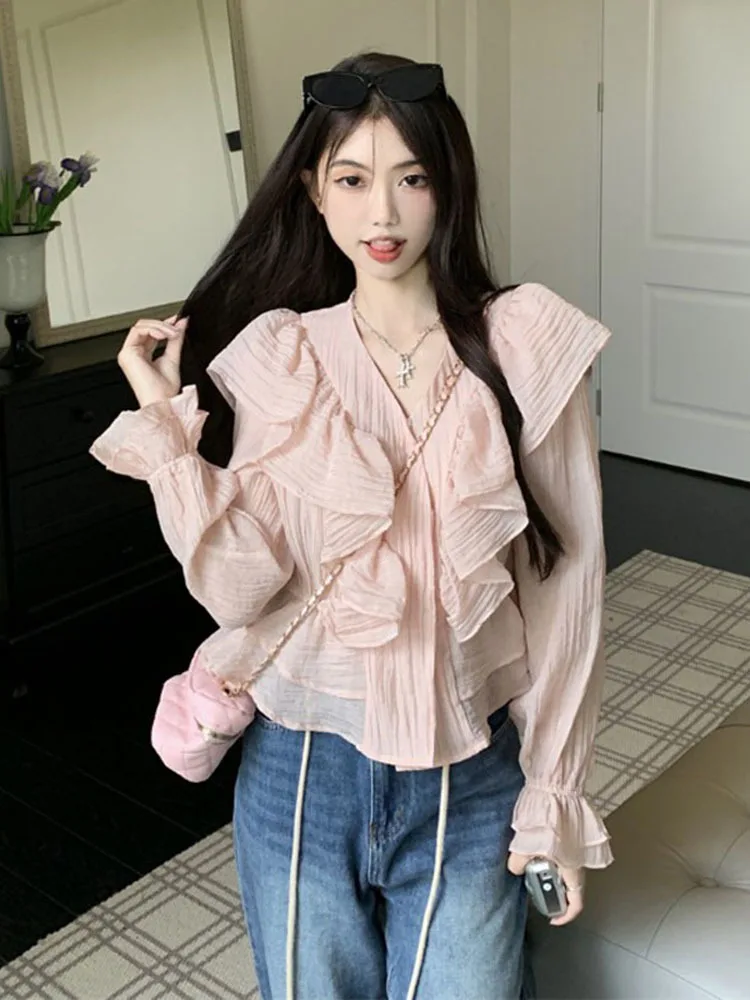 Women New Autumn Spring Crew-neck Ruffle Pleated Puff Long Sleeve Design Blouses Oversize Patchwork Casual Chiffon Over-shirt