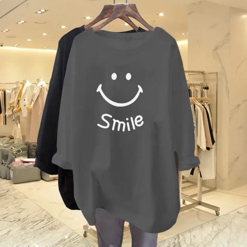 Women Clothing European Style Oversized Pure Cotton T-shirts Autumn Casual Loose Chic Printing Top Tee Lady All-match Pullovers