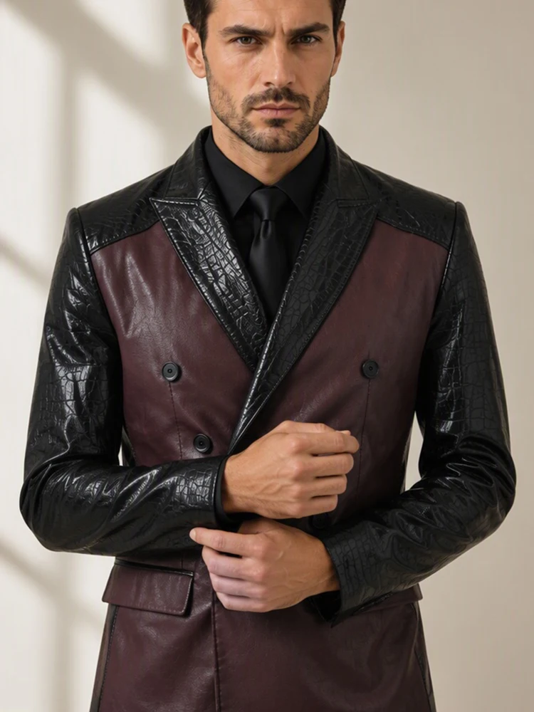 Men Faux Leather Blazer Double Breasted Croc Embossed Patchwork Lapel Collar Slim Fit Jacket Spliced Business Party Outerwear