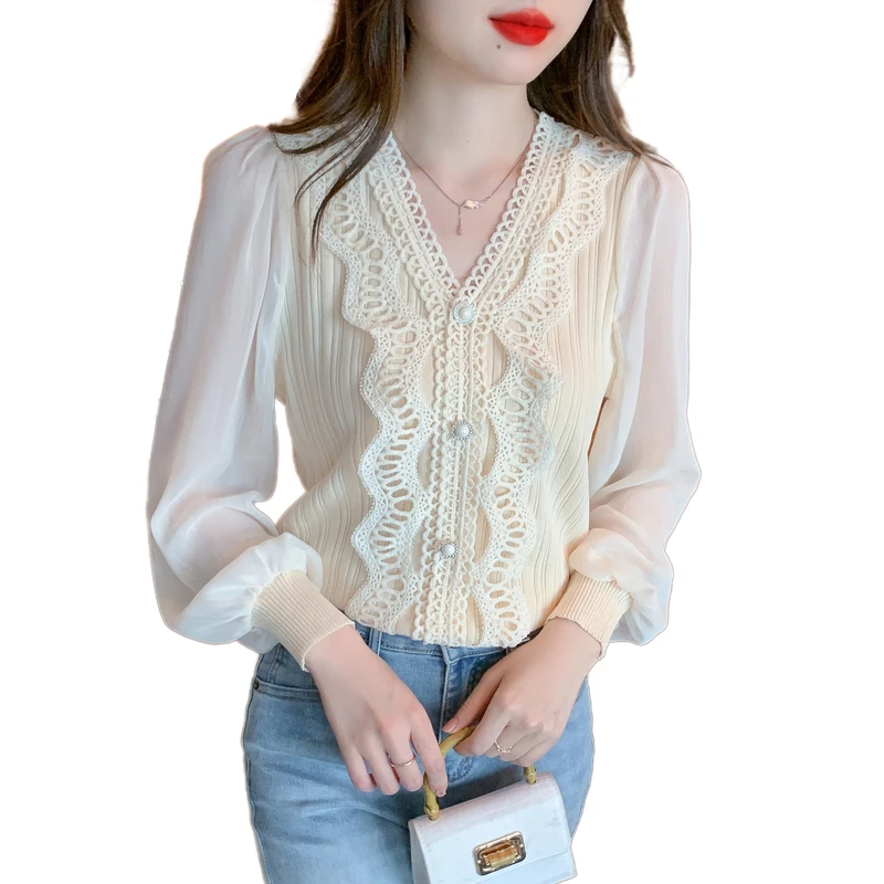 

Chiffon Splicing Pullover Sweater Women Clothing Ladies Autumn Casual Thin Nice Knitwear Female Woman OL Sweaters Py2211