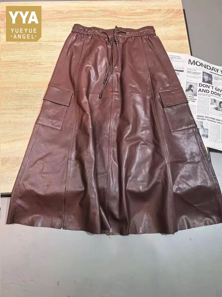 

Autumn New Women Mid Calf Long Skirt Pocket Elastic Waist Real Sheepskin Skirts Designer Ladies Loose Fit Genuine Leather Skirts