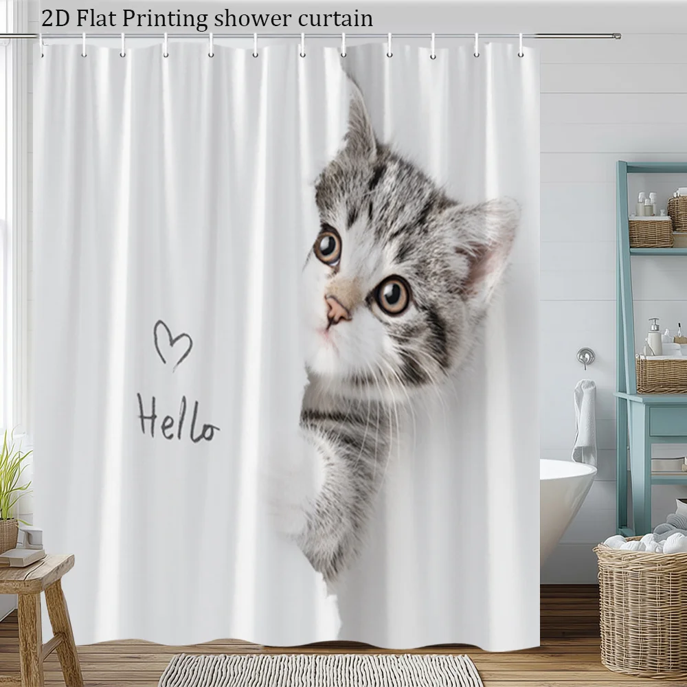 2D Flat, [2D Flat Printing] 1pc Cute Cat Shower Curtain Playful Kitty Adorable Pets Bathroom Decor Polyester Fabric Bath Partiti