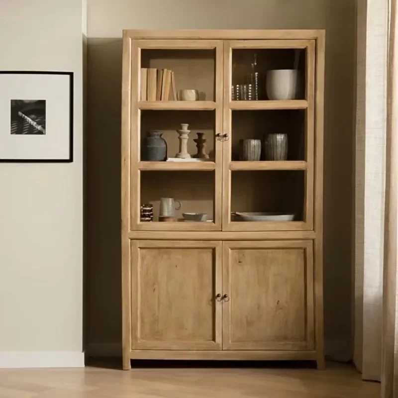 American rural solid wood bookcase retro and old storage cabinet dining side cabinet wine cabinet living room glass