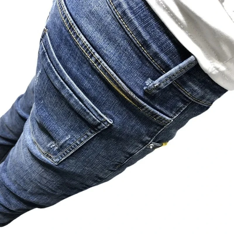 Jeans Men Long Pants Denim Pencil Pant Straight Trousers Sheath Slim Fit Casual High Waist Pocket Button Simple Winter