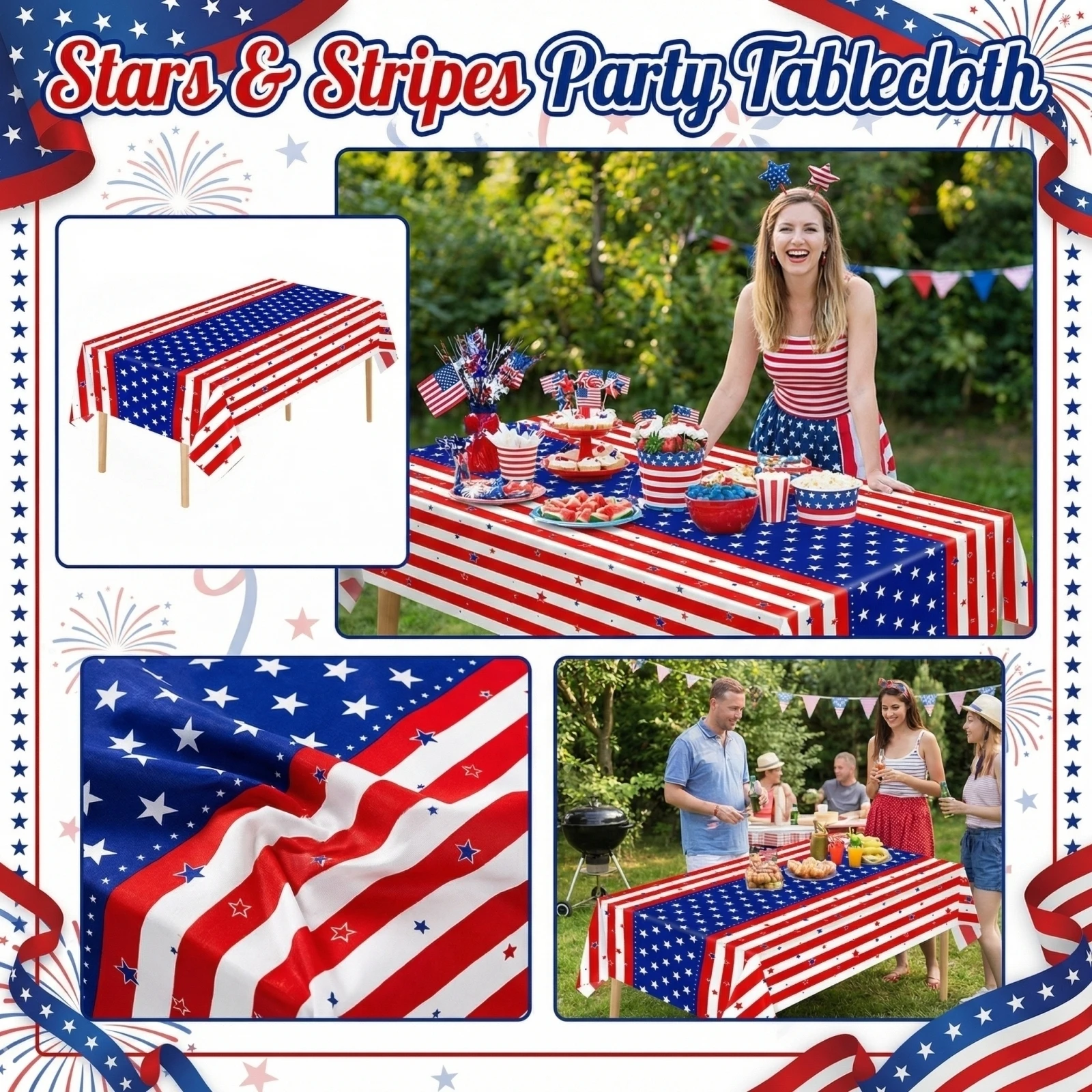 American Independence Day Patriotic Flag Plastic Tablecloth, 137*274 cm Waterproof Tablecloth, Party Disposable Table Cover
