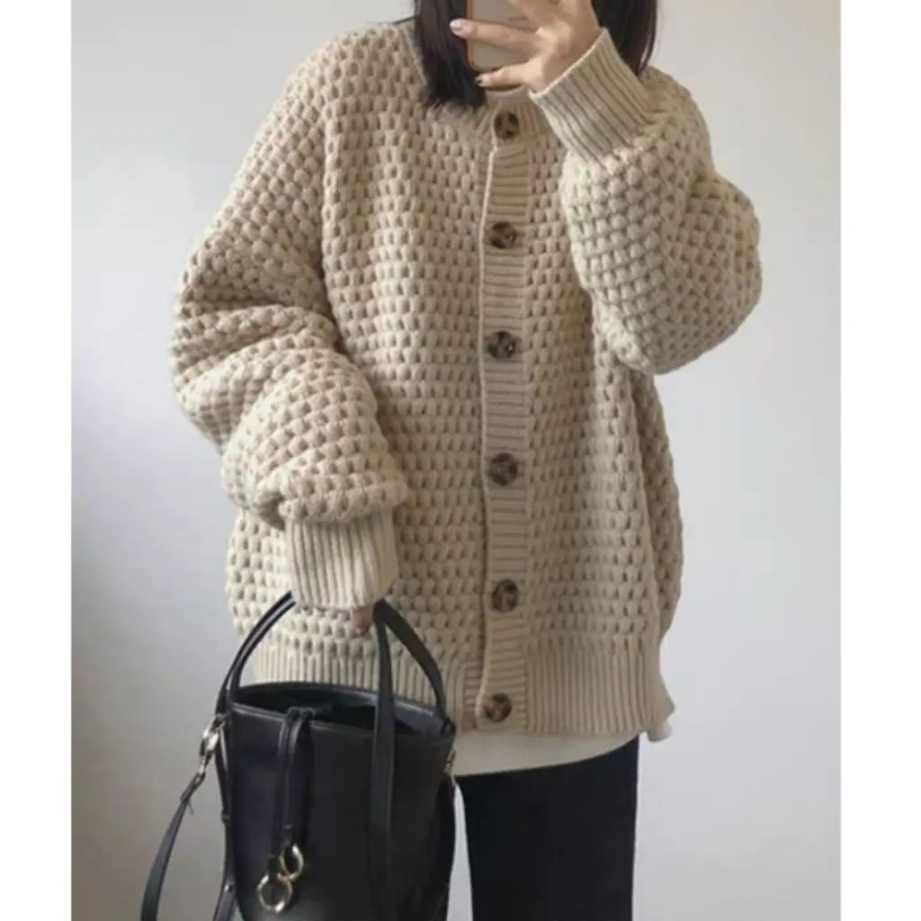 

Retro Women's round Neck Sweater Cardigan Soft Japanese Style Autumn Winter Loose Outer Wear Gentle Wind Lazy Coat