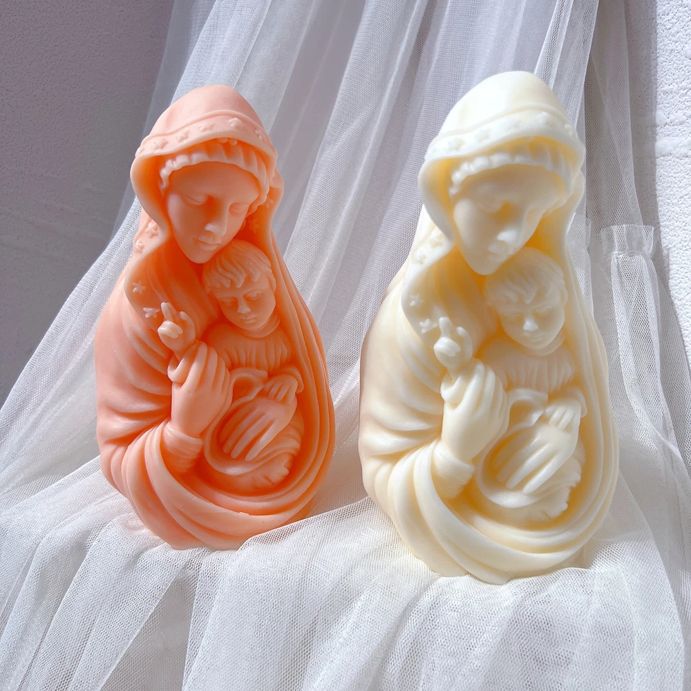 Blessed Virgin Mary With Baby Jesus Sculpture Candle Mold Madonna and Child Statue Silicone Mold Catholic Art