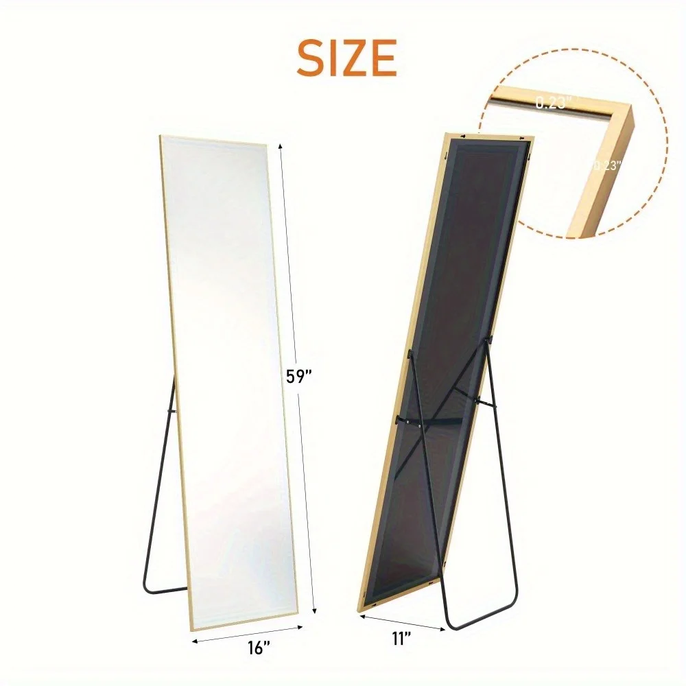 

59"x16" Full Length Rectangular Mirror Wall or Leaning Aluminum Alloy Frame with Stand Gold