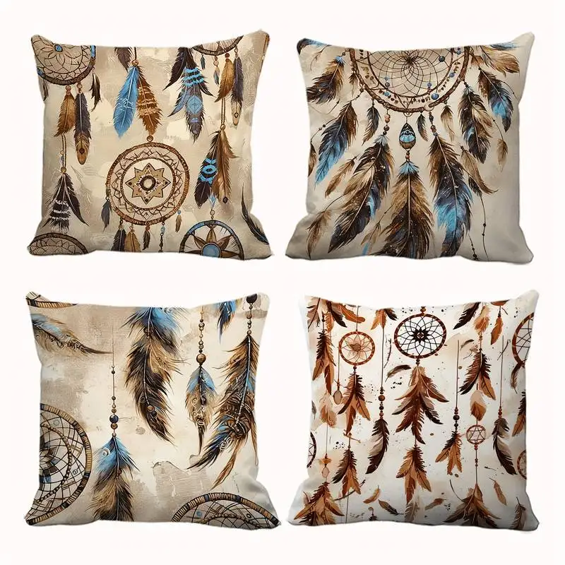 

Наволочка с изображением ловца снов в богемном стиле и перьями — наволочка с этническим узором в земляных тонах для мистического глобального декора