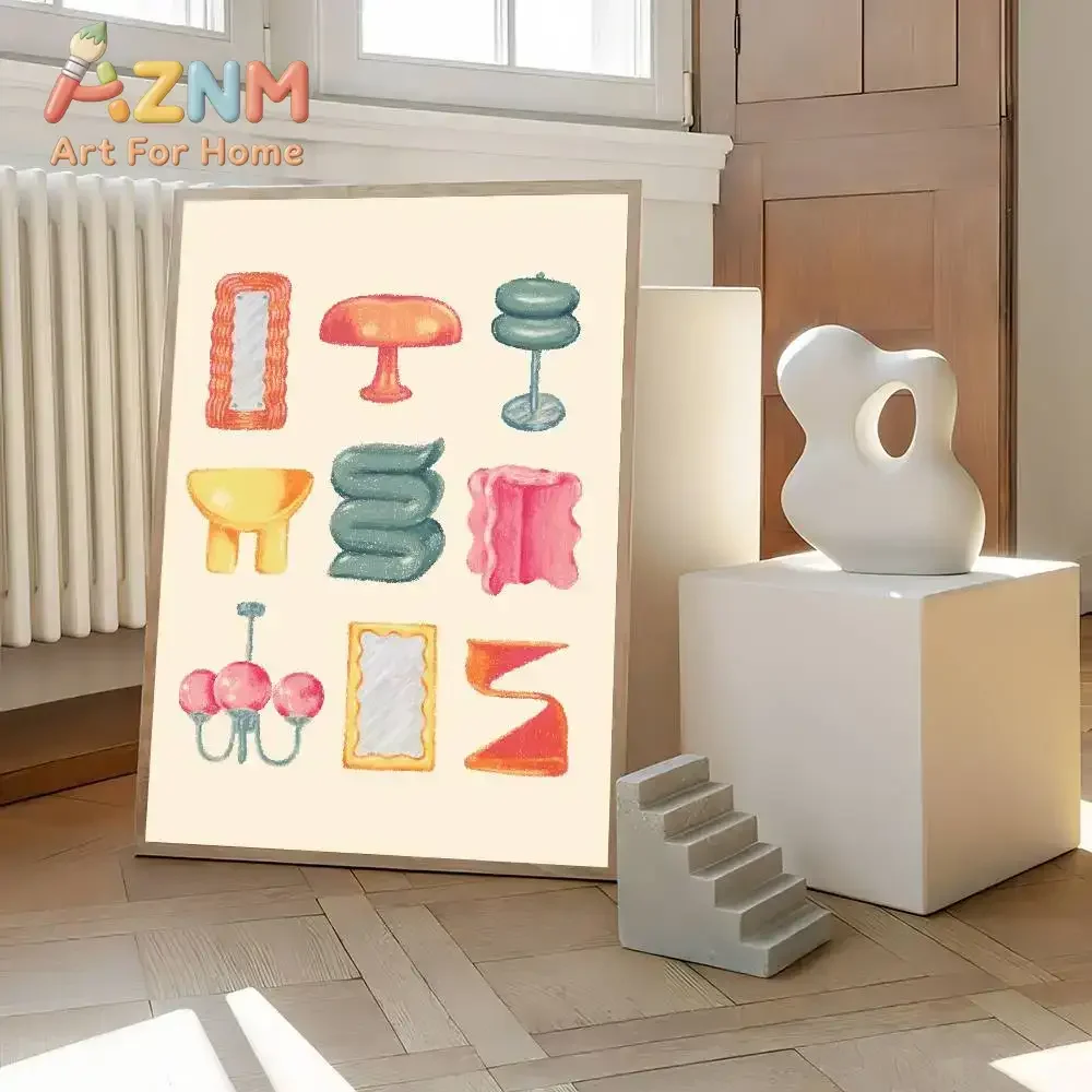 AZNM Retro Funky Furniture Canvas Painting Frameless Wall Art Cute Home Decor Lamp Chair Mirror Illustration Poster Print