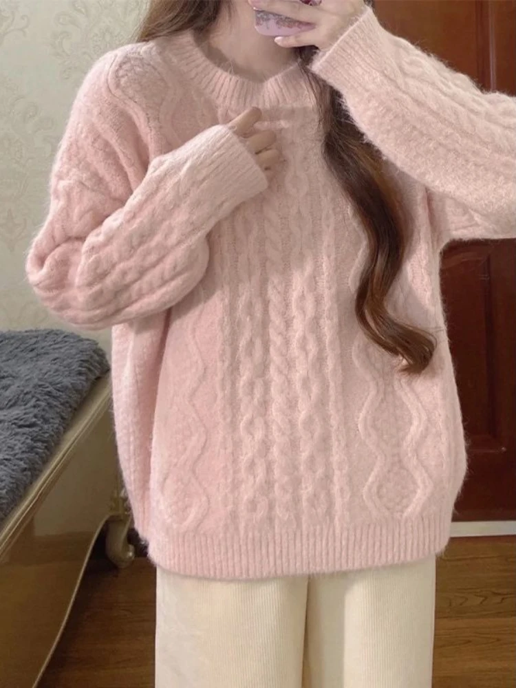 Pink Pullovers Women Loose Sweet Winter Cozy Girlish Harajuku Korean Style Knitwear Ulzzang Simple Feminino O-neck Sweaters Chic