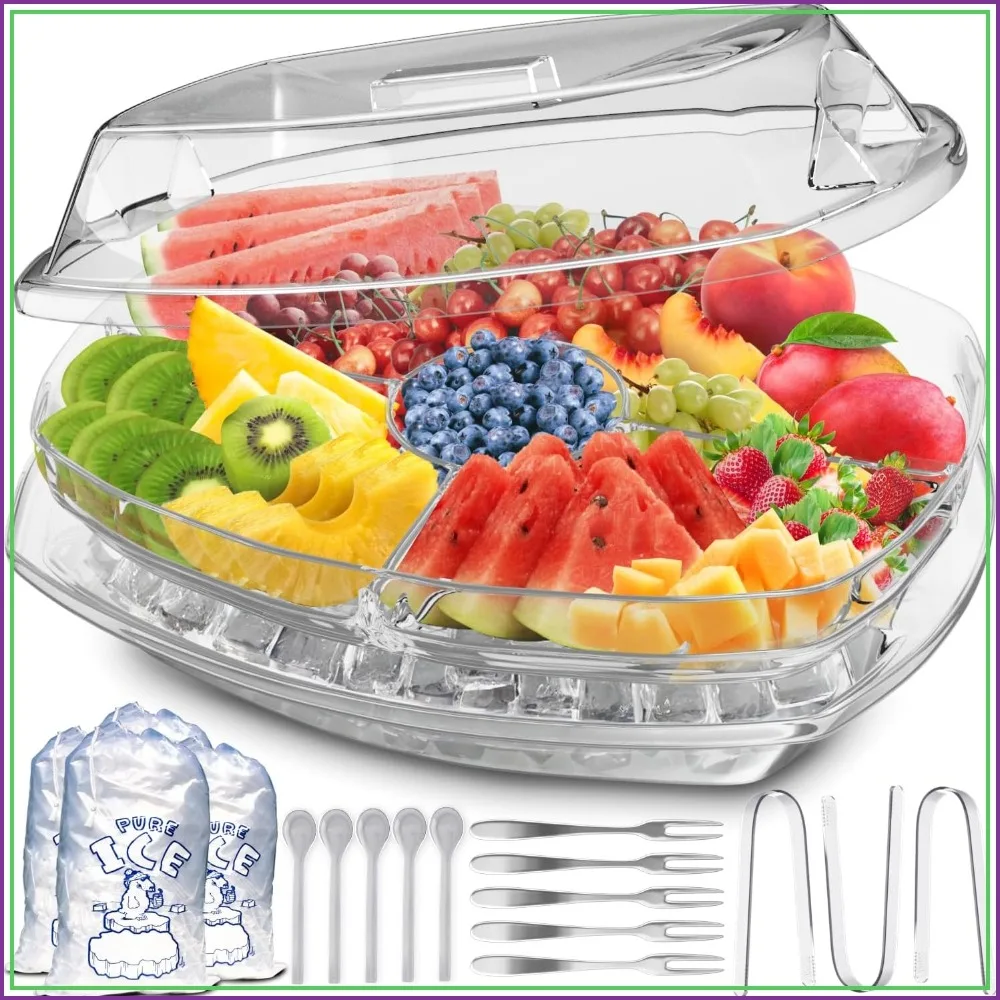 

Premium Chilled Serving Tray for Parties - 15" Ice Chilled Party Platter with Lid & Dip Holder, 4 Compartments for Fruits, Veggies, Shrimp Cocktail