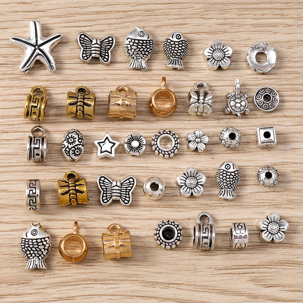 Tusember 50 Stück Antiksilberfarbene Metallperlen Tier Fisch Blume Schmetterling Charm Spacer Perlen für Schmuckherstellung DIY Armbänder – Detail 7