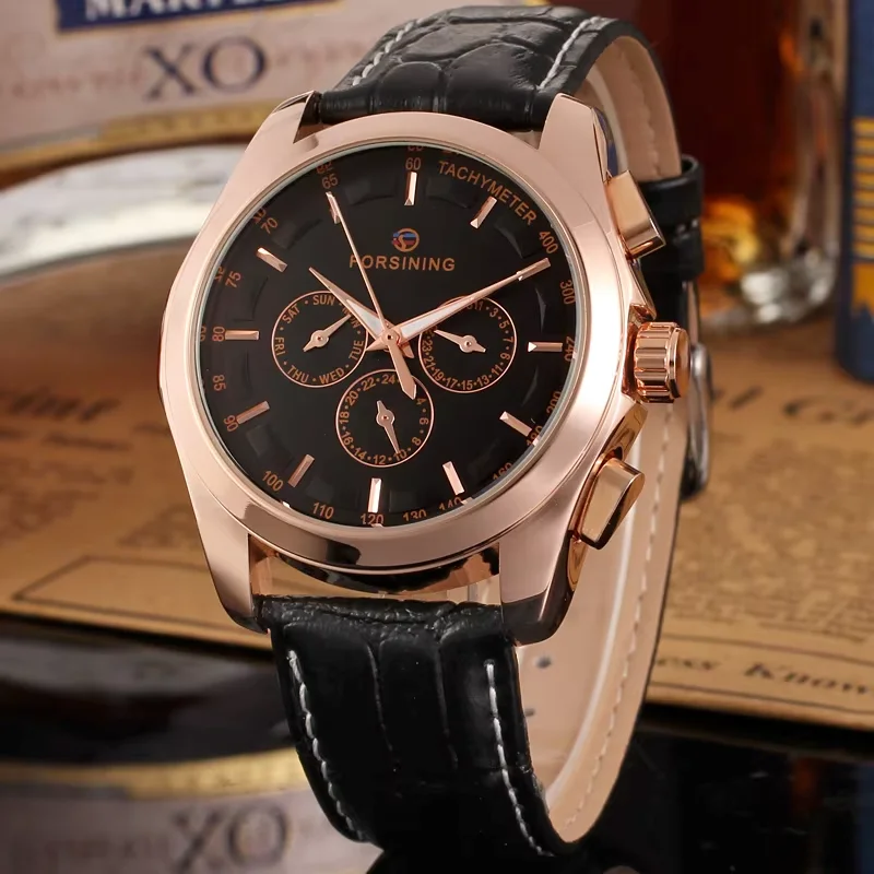 FORSINNG Men's simple casual style three eyes six pin automatic mechanical watch black circular black belt mechanical watch