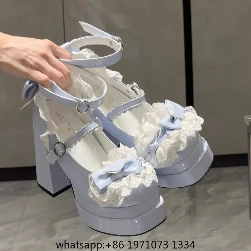 Sweet Cute Bowknots Lolita High Heels Lace Heart Bow Ankle Strap Platform Mary Janes Shoes for Women Preppy Style Princess Shoes