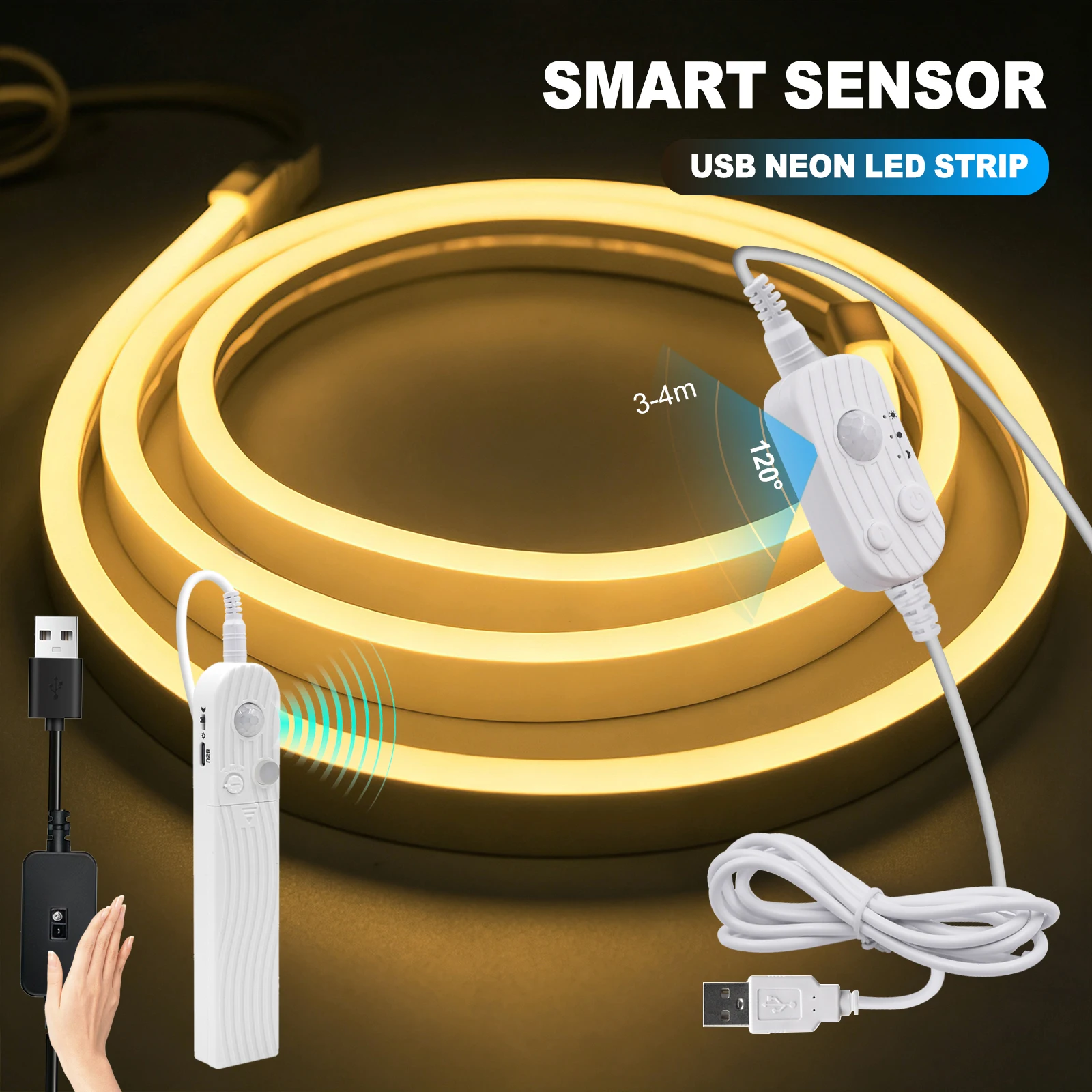 5V Motion Sensor LED Neon USB Battery Power/Hand-sweep Strip Light Waterproof Flexible Tape 11 Colors for Under Cabinet Kitchen