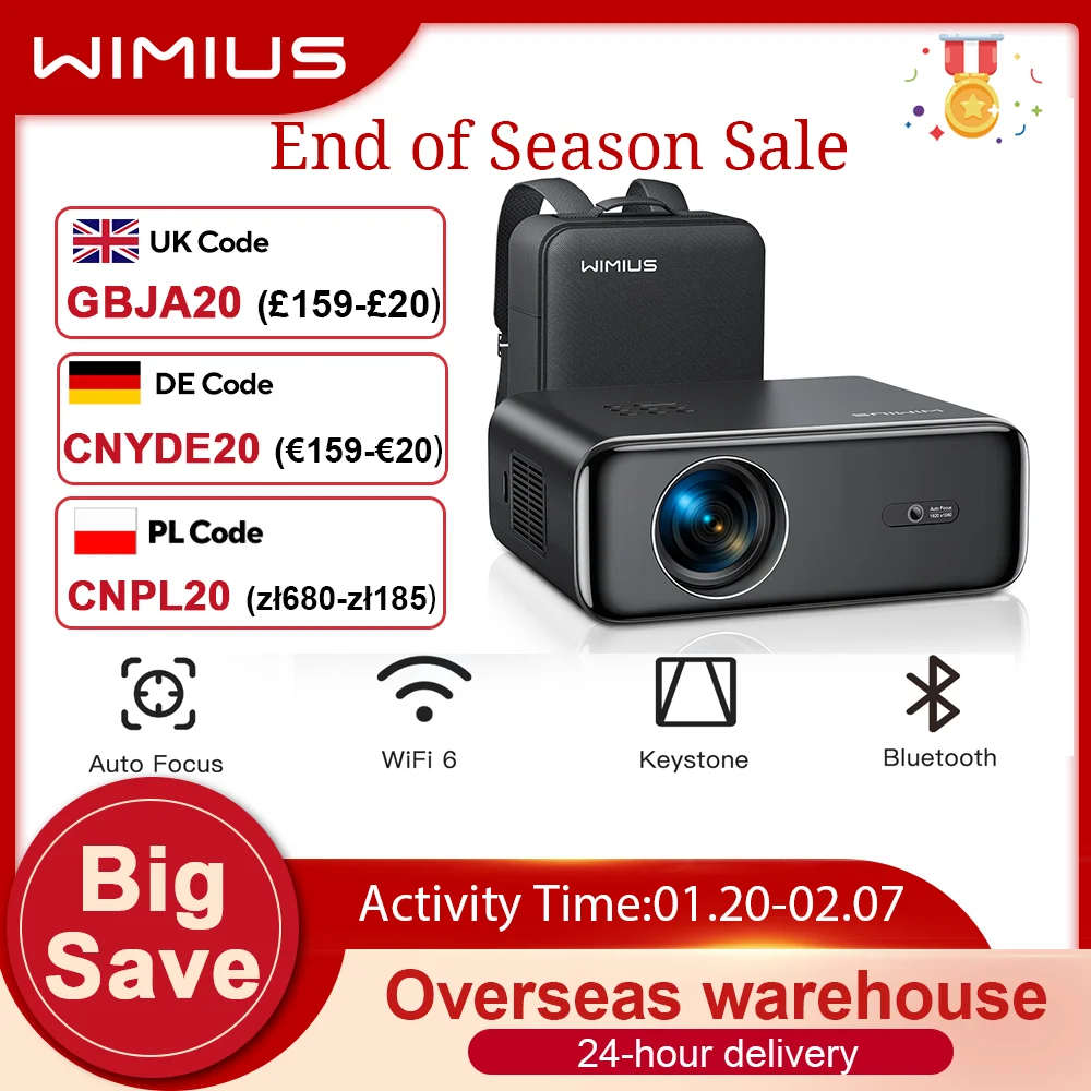 Wimius Projector 26000 Lumens 4K Projector Full HD 1080P Auto Focus/Keystone Projector with WiFi 6 Bluetooth Home Theater