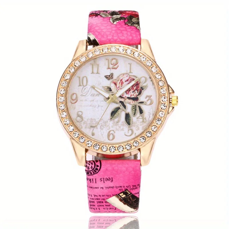 Boho Rhinestone Decor Quartz Watch Rose Flower Dial Analog PU Leather Dress Watch For Women