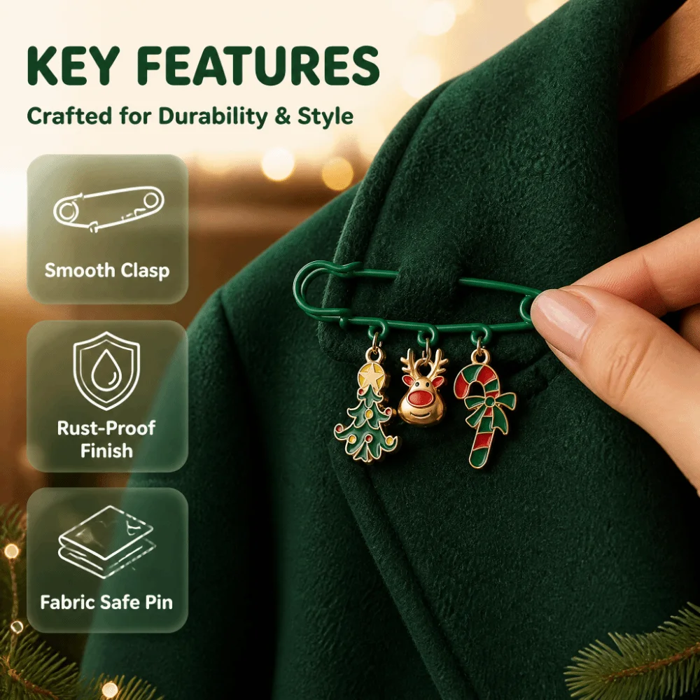 Fashion Christmas Dangle Safety Pin Alloy Enamel Christmas Decor Brooch Pin Cartoon Rust-proof Reindeer Tree Charm Brooch