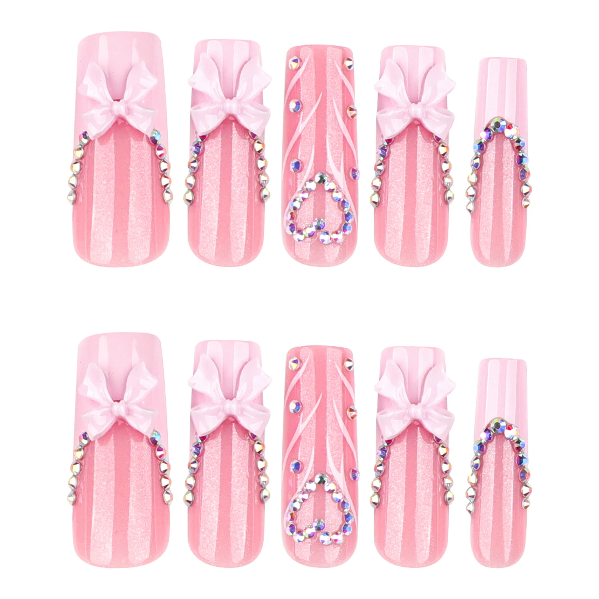 24Pcs Long Ballet Pink 3D Bow Press on Nails Diamond French Tips Press on Nails Pink Bowknot Design French False Nail