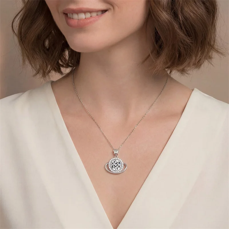 ZFSILVER s925 Sterling Silver Moissanite Necklace for Women Trendy Planet Star Charm Jewelry Fashion Accessory Gift Party MP0151