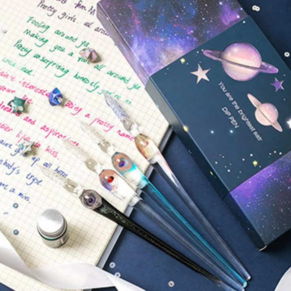 1Set Beautiful Crystal Pen Spiral Design Portable  Dip Ink Pen Glass Dip Ink Pen   for Art  Ink Pen