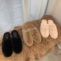 Fashion Winter Warm Fluffy Faux Mink Mules Flat Slides Closed Toe Loafers Indoor Outdoor Fur Slippers for Women