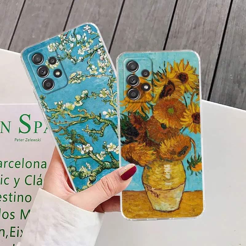 Van Gogh Sunflower Starry For Samsung Galaxy A55 Case A54 A52 A53 5G A15 A14 A13 A21S A23 A51 A34 A35 A33 A32 A72 71 Clear Cover