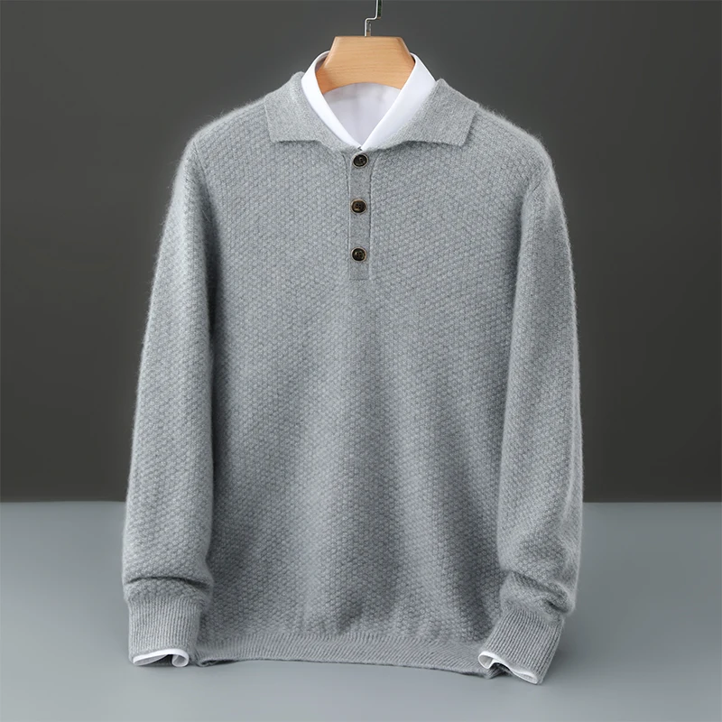 

Мужской пуловер из 100% мериносовой шерсти с воротником-поло, рубашка, вязаный свитер, зимний толстый повседневный деловой теплый топ с длинными рукавами