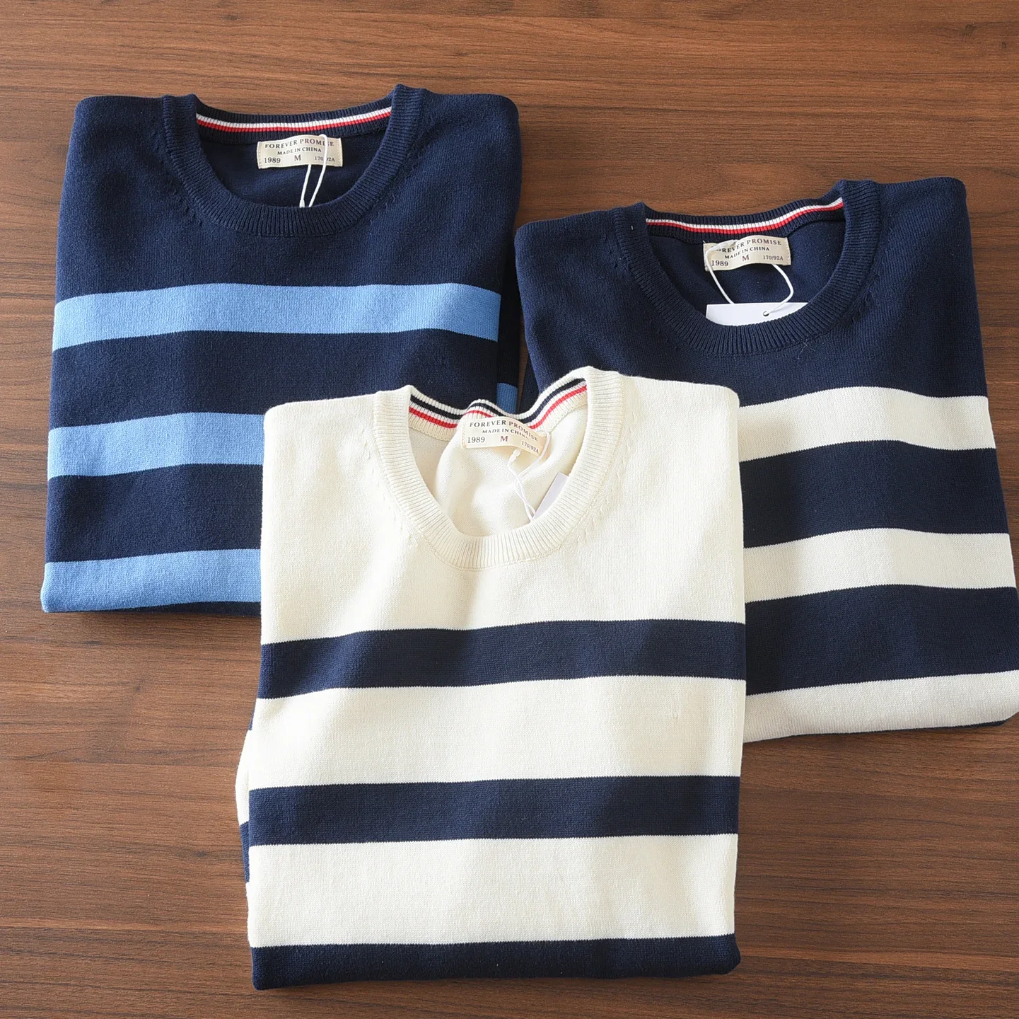 

European and American simple retro striped crew neck knitted sweater men's autumn and winter pure cotton sweater top underwear