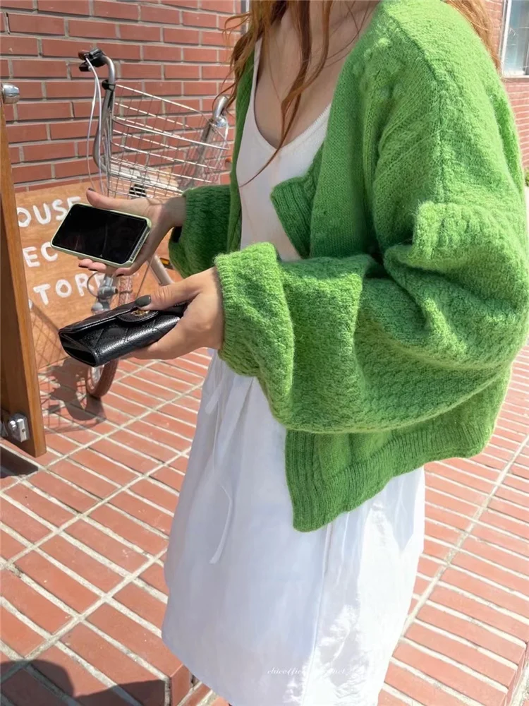 Green Knitted Cardigan 2024 New Spring and Autumn Outfit Korean Lazy Style Top Soft Sticky Sweater Coat for Women