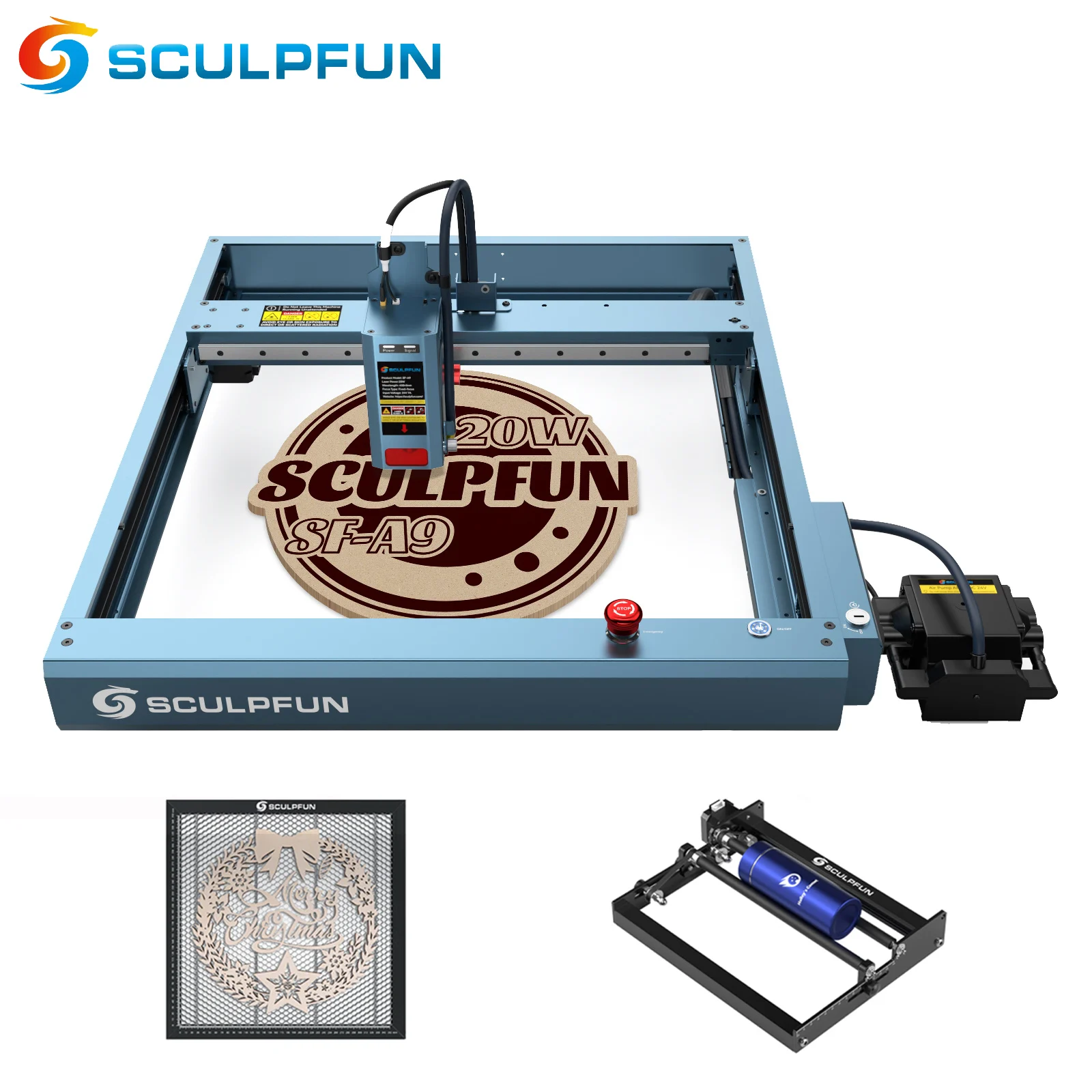 SCULPFUN SF-A9 20W Laser Engraving Machine with Auto Air Assist System Rotary Roller Honeycomb Board Laser Cutting Engraving