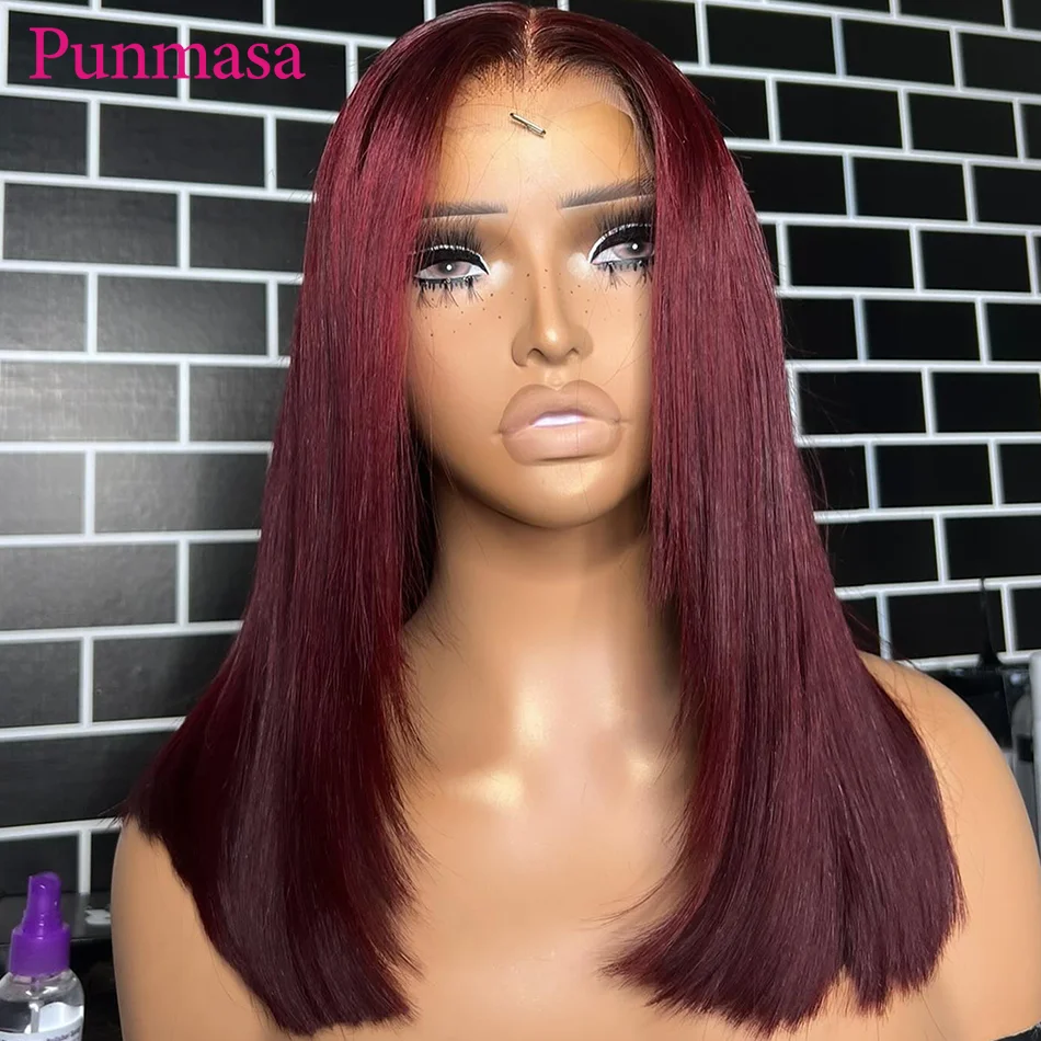 Punmasa 99j Dark Burgundy Colored 13x6 Lace Frontal Wigs Bone Straight 5x5/13x4 Transaprent Lace Wig  PrePlucked 200% Density