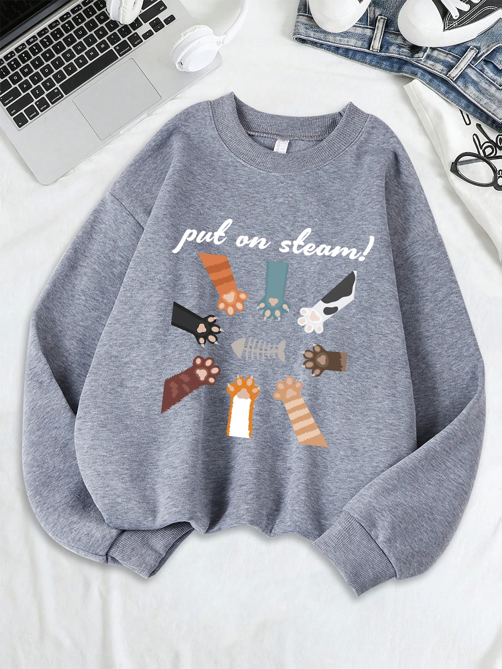وضع البخار مضحك القط النخيل المطبوعة بلوزات المرأة الشتاء الصوف الدافئة هوديس Crewneck فضفاض البلوز أساسيات ملابس كاجوال #2