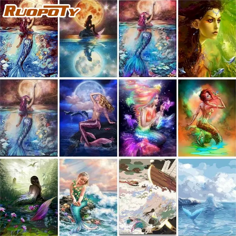 RUOPOTY Frameless Painting By Numbers For Adult Mermaid Paint By Numbers On Canvas DIY Number Painting Animals Home Decor