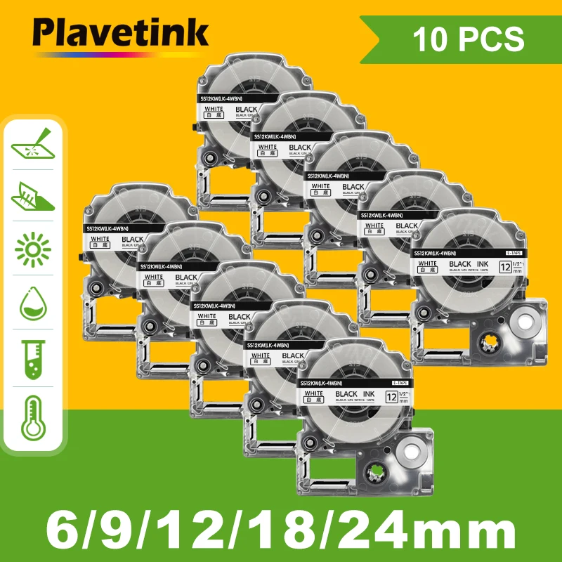 Plavetink 10pcs 12mm Black on White SS12KW label tape compatible for Epson LW-300 LW-400 LW-600P LW-700 LW-700P label printer