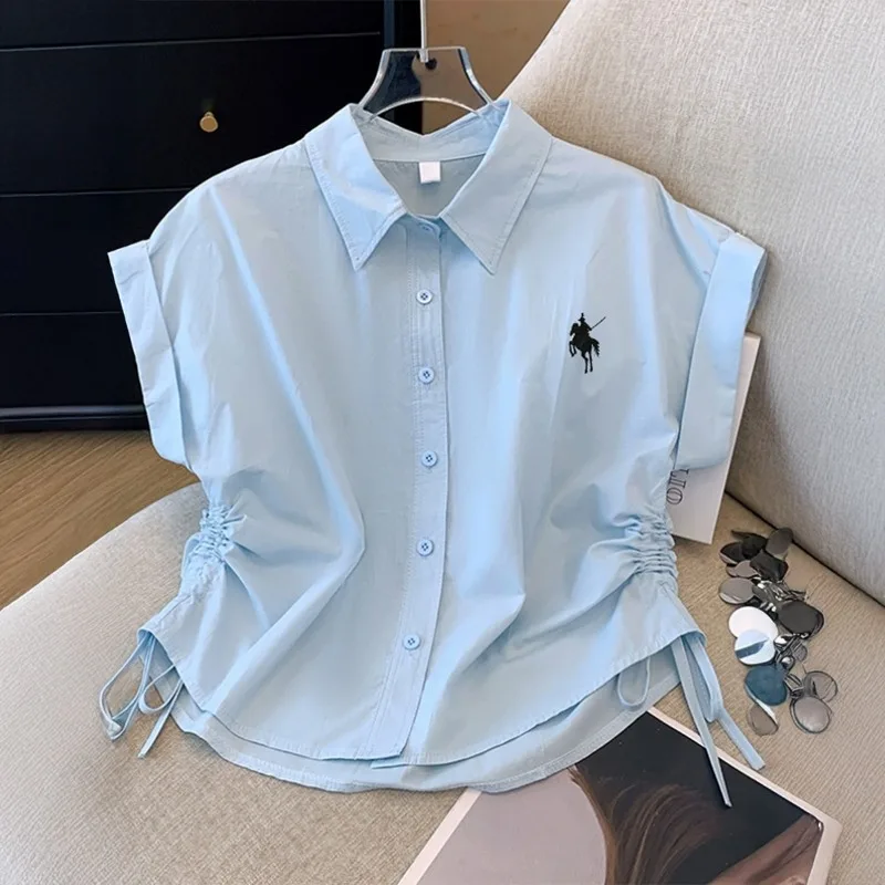2026 Women Spring Summer Solid Color Collar Drawstring Waist Shirt Embroidered Loose Slimming Commuter Short Sleeve Top