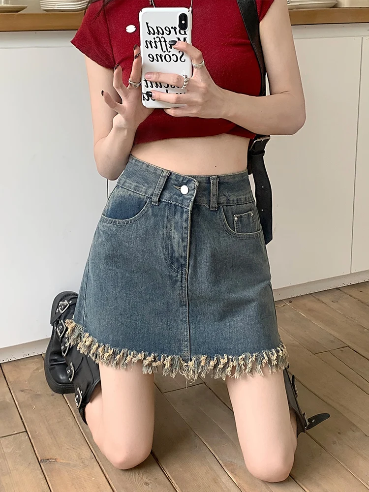 Tassel Denim Short Skirt High Waist Tassel A-line Wrapped Hip Skirt Retro Blue Half Skirt Fashionable Loose Versatile Skirt