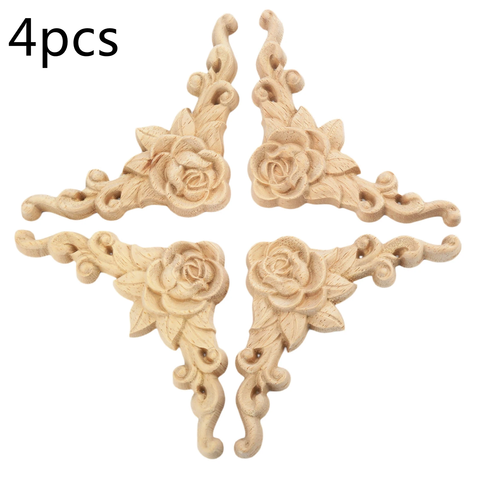 4PCS 8*8*1.2cm European Style Wood Carved Rose Applique Board For Walls Doors Cabinets Bed Home Decoration Small Accessories