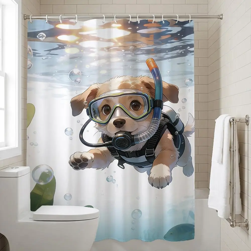 Funny Scuba Diving Dog Shower Curtain, Cute Puppy Underwater Swimming Bath Decor, Summer Pet Art, Waterproof Polyester Fabric
