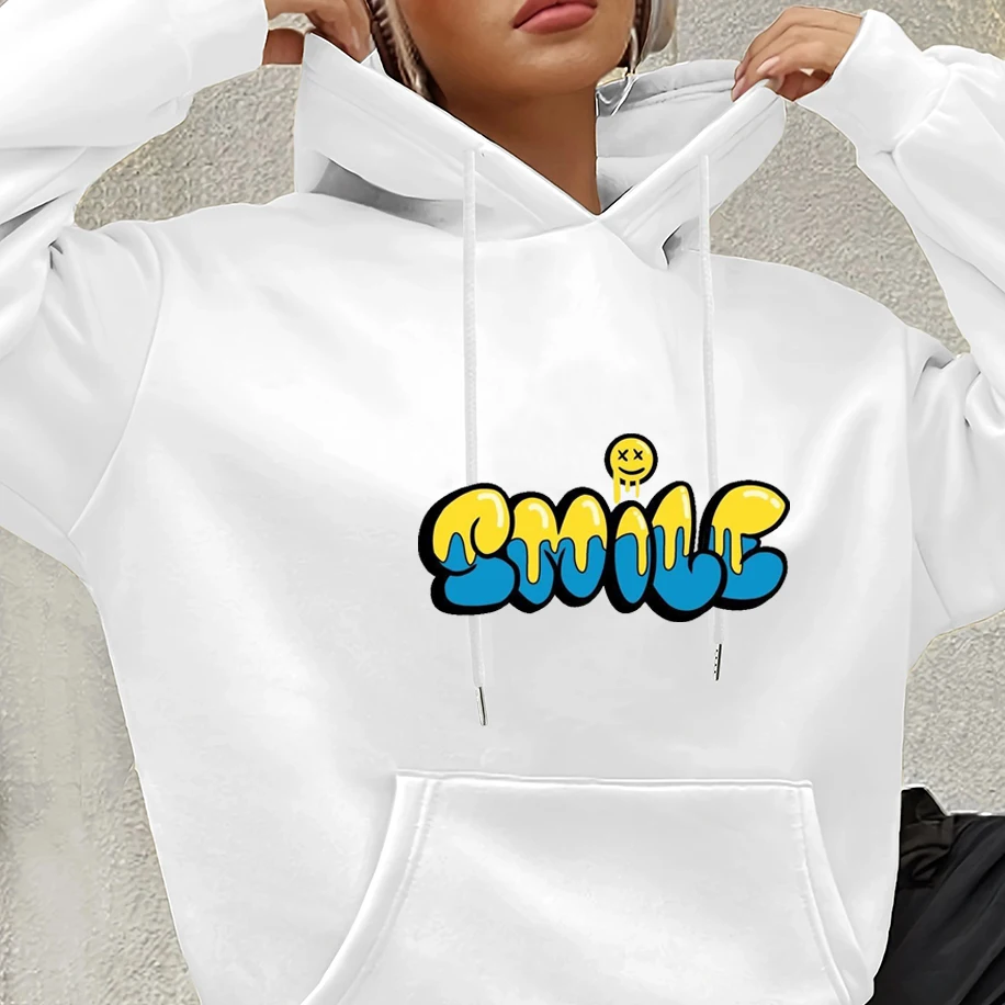 

Cartoon Fun Smile Printed Men Women Hoodies Simple Cool Letter Pattern Neutral Top Fashion Casual Breathable Couple Sweatshirt