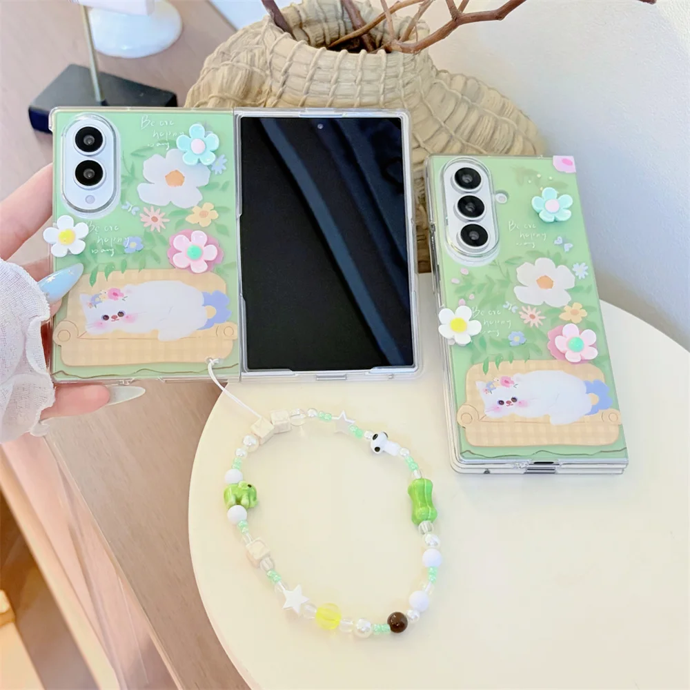 New Fashion Green flowers cat stand Phone Case For Samsung Galaxy Z Fold 8 Ultra Z Fold 7 6 5 4 3 Shockproof Cover Chain