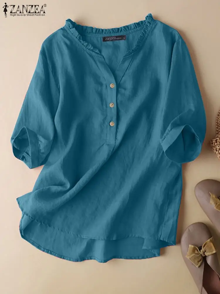 

ZANZEA Summer Ruffles Loose Tunic Tops Fashion Casual Women's Blouse Female Vintage Solid Color Chemise Half Sleeve Cotton Shirt