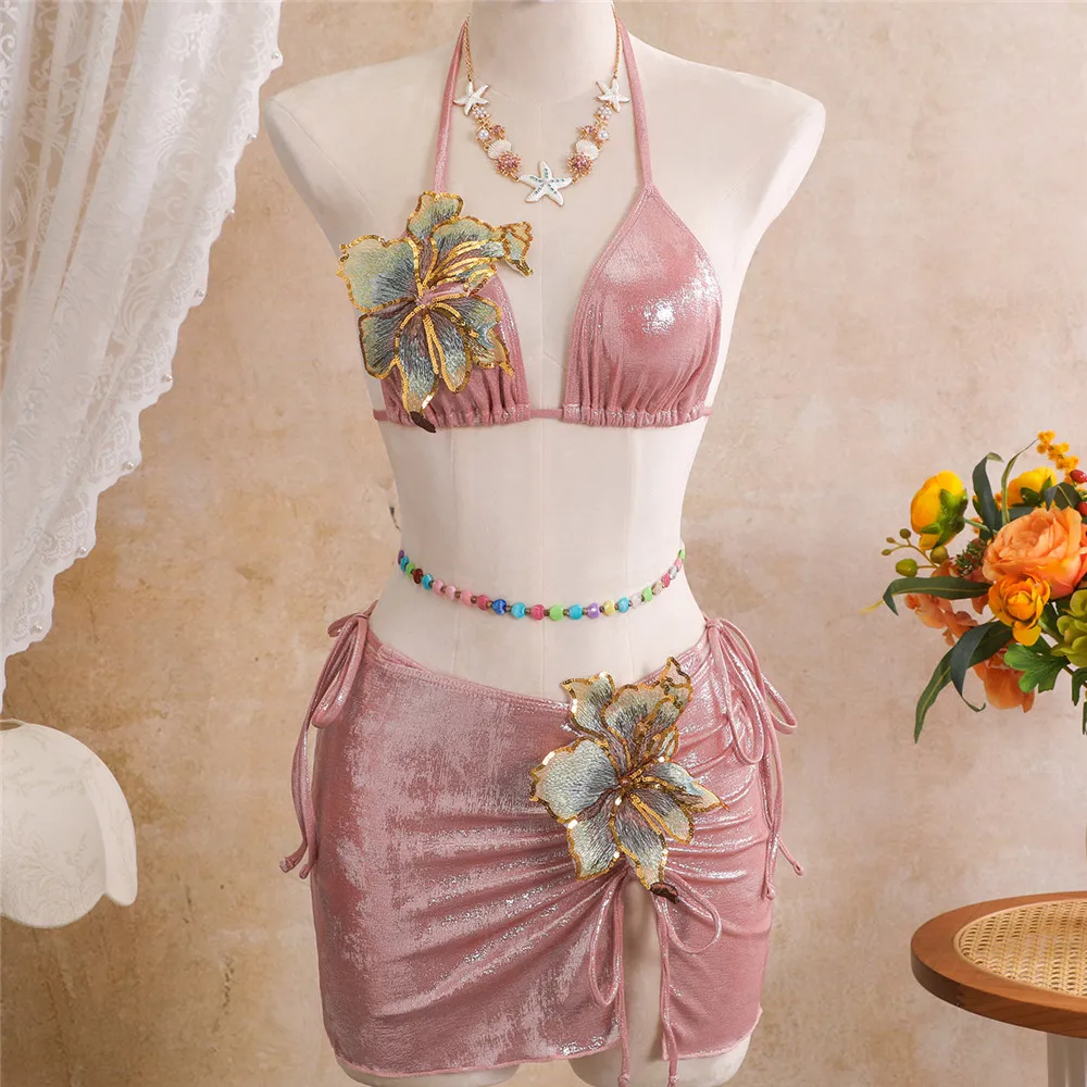 Shiny Pink Embroidered Flower 3 Piece Bikini Set Mini Skirts Swimwear Sexy Micro Thong Swimsuit 2026 Woman String Halter Bikinis